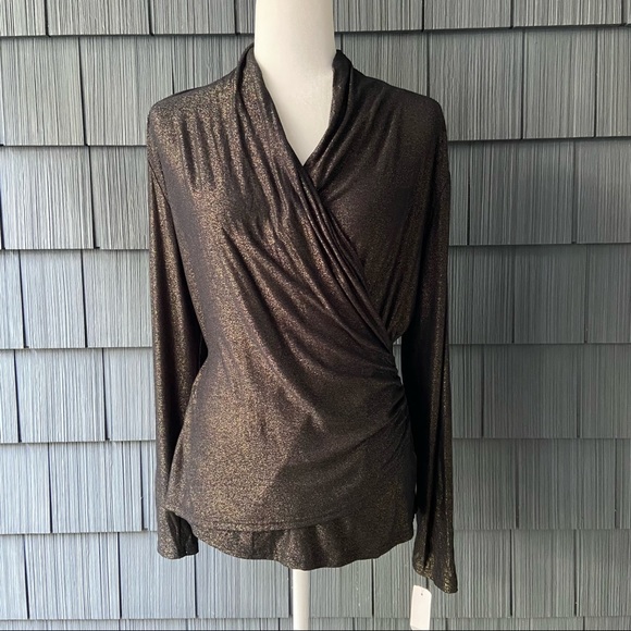Prima Bella long sleeve Large Shimmer Wrap Top NWT black and Gold Slinky stretch - Picture 3 of 7